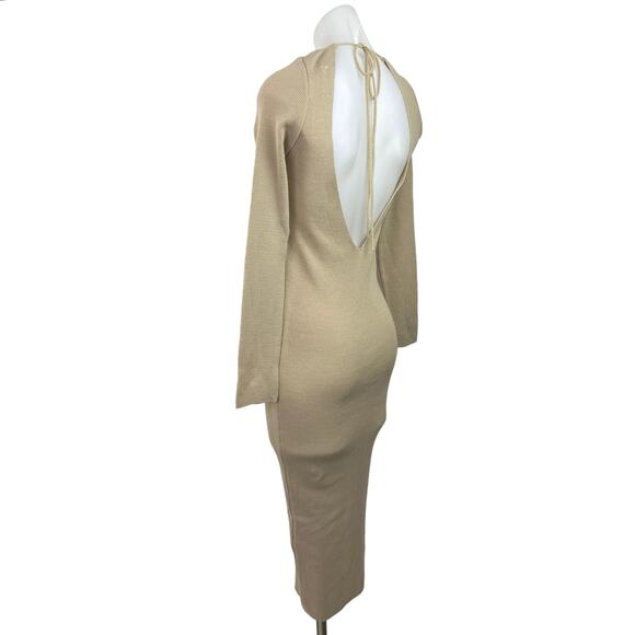 PrettyLittleThing Beige Knit Long Sleeve V-Neck Midi Sweater Bodycon Dress 12 - Picture 3 of 5